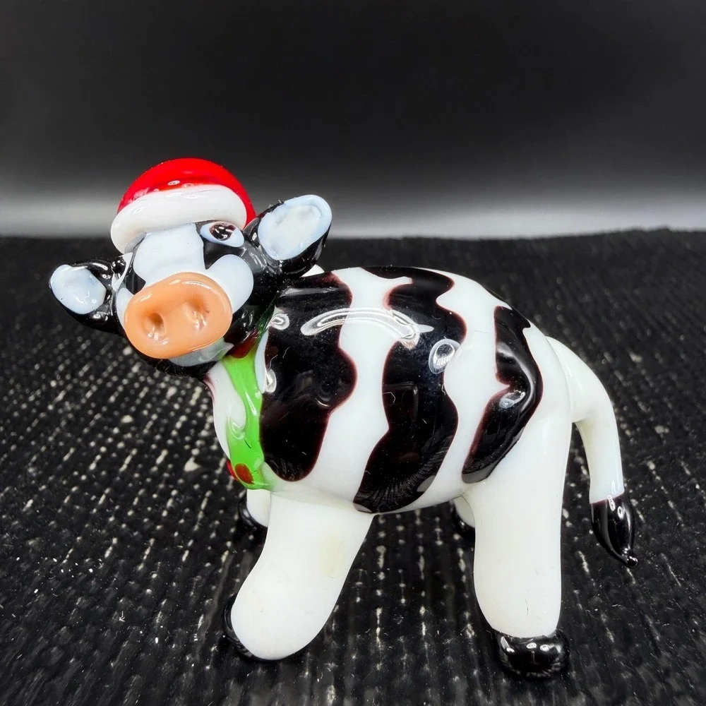 Pier 1 Glass Cow Figurine Santa Hat Christmas Holiday‎ Miniature 3 inch Figure